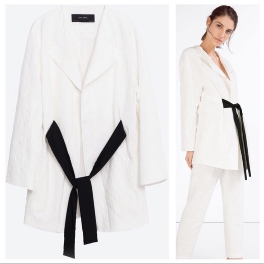 Zara White Long Jacquard Blazer Jacket Sash Tie XS